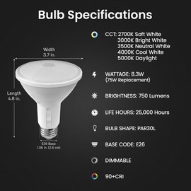 Feit Electric PAR30 LED Reflector Light, 75W Equivalent, Dimmable, Adjustable Beam, Adjustable White (2700K-5000K), 90+ CRI, Indoor/Outdoor, Track Lighting, 25,000-Hour Lifetime, PAR30L/ADJ/6WYCA