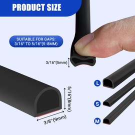 Weather Stripping Door Seal Self Adhesive Door Weather Strip Silicone D Shaped Door Seal Strip for Door Frame/Window Seal, 20FT, Black Color (3/8" W × 5/16" T)