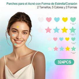 Parches Para Acné, Pimple Patch, 324 Parches Hidrocoloides para Espinillas, 5 Colores, Forma de Estrella Y Cordate, Absorbentes para Tratar la Erupció