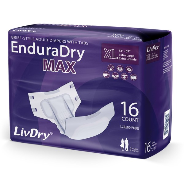 LivDry EnduraDry Max XL Adult Diapers with Tabs, Up to