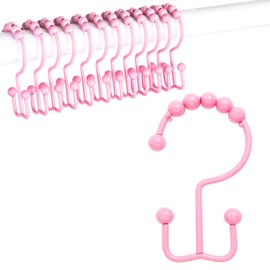 Qazvmlp Shower Curtain Hooks,304 Stainless Steel Shower Rings for Bathroom,Double Glide Shower Hooks for Bathroom Shower Curtain Rods Curtains,Set of 12 Hooks,Light Pink（Shower Curtain Hooks Style A ）
