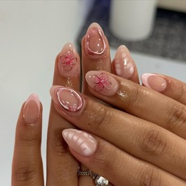 Press On Nails, Summer Flower Fake Nails, Cute Design Floral Stick On Nails, Short Square Almond Ballet Shape Glue on Nails on 24PCS (Short Almond Pink)
