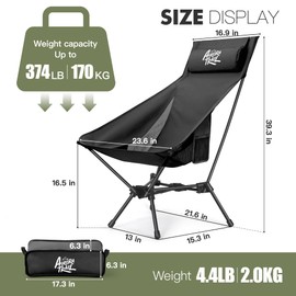 AuraroTrail Triangle Base High Back Folding Chair - Adult Portable Camping Chair, Heavy Duty Beach Chair with Carry Bag, Compact Lawn Chair for Hiking, Backpacking and Outdoor Gear (Black)