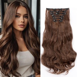 Cybelleza 48 cm Clip-In Hair Extensions, Hairpiece Like Real Hair, 6 Pieces, Hair Extensions, Clip-In Hairpiece, Wavy Hair Thickening, Synthetic Hair, Dark Brown Mix, Light Auburn