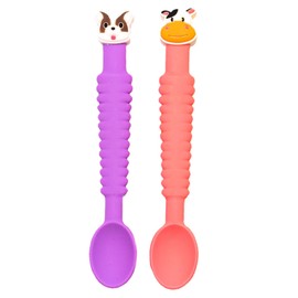 Little Grubbers 3-in-1 Baby Spoon™ – Soft Silicone Self-Feeding Utensils for Baby Led Weaning, Easy Grip, BPA-Free, Dishwasher Safe, 2-Pack – Dog & Cow