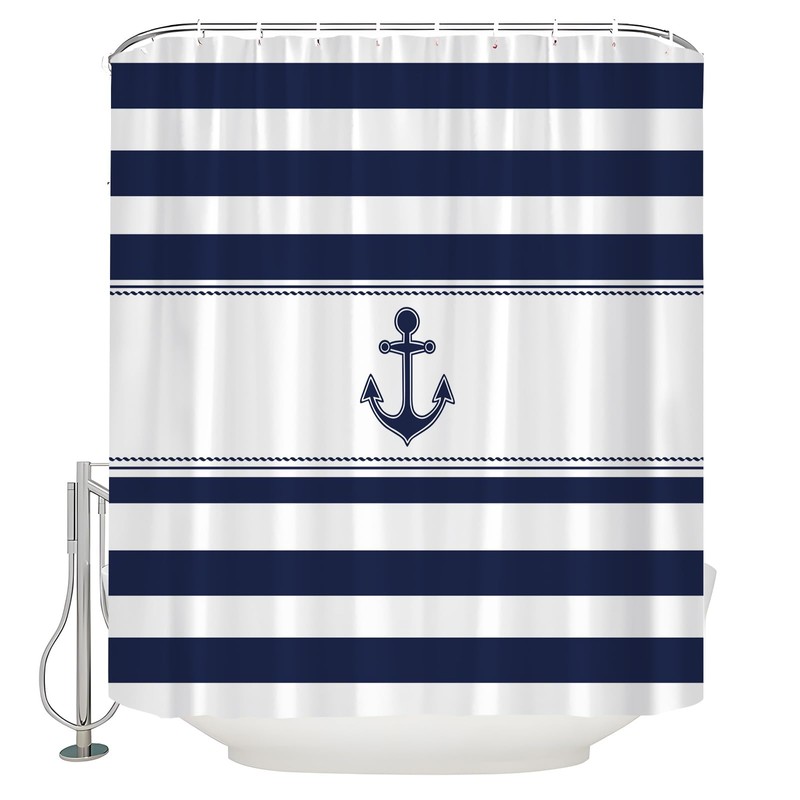 XHUUXH Nautical Anchor Shower Curtain Navy Blue White Striped Beach