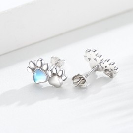 Paw Print Earrings 925 Sterling Silver Moonstone Paw Stud Earrings Animal Earrings Paw Earrings Pet Earrings Puppy Dog Cat Paw Print Earrings Paw Print Jewelry Gift for Women