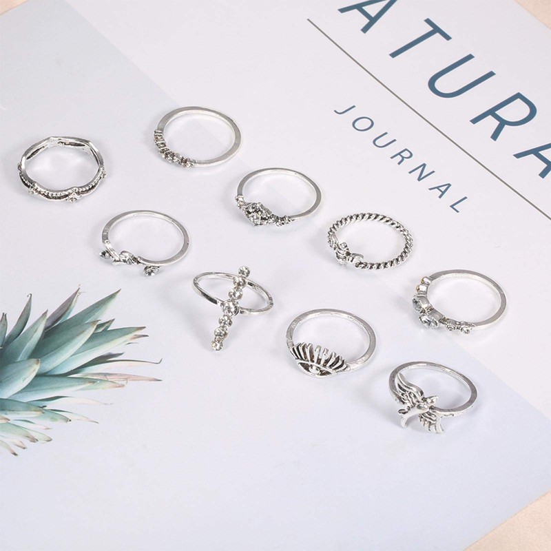 TseenYi Boho Vintage Rings Set Silver Leaf Evil Eye Knuckle