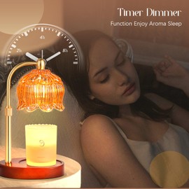 Cinsenten Adjustable Flower Candle Warmer Lamp with Timer, Lotus Tulip Glass Warmer Light for Jar Candles, Electric Wax Warming Melter, Gifts for Women Mom, Vintage Bedroom Decor (Amber)