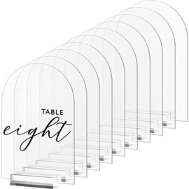 Letrero acrílico de arco de 4 x 6 pulgadas con soporte transparente, paquete de 10 letreros de mesa de acrílico arqueado transparente con soportes, letrero de arco acrílico para mesa de boda, número, menú, lista de barras