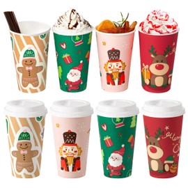 Fit Meal Prep 100 Pack 16 oz Christmas Disposable Coffee Cups with Lids and Stirrers, Premium To Go Coffee Cups, Leak-Proof Paper Coffee Cups for Cold/Hot Beverage, Party, Holiday (White Lids)