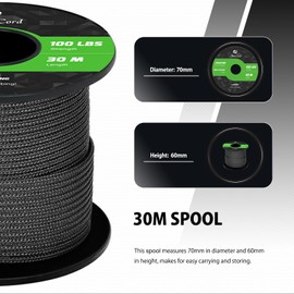 Abma Cord Paracord 2mm 30m 100% Nylon Rope 1 Strand Type I Parachute Cord - Max. 45kg (100lbs) - Black