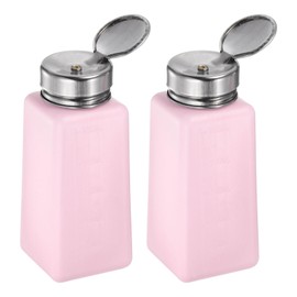 HARFINGTON 2pcs Solvent Alcohol Dispensers 250ml(8.5oz) Push Down Liquid Dispenser Pump Bottle with Sealing Stainless Steel Lid for Acetone Cleanser Polish Remover, Pink