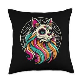 Colorful Sugar Skull Cat, Domestic Longhair, Day of the Dead Throw Pillow