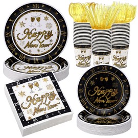 Mimorou 400 Pcs Happy New Year Disposable Tableware Set Black Gold Clock Paper Plates Napkins Cups Plastic Spoons Forks Knives New Year Eve Party Dinnerware Set for Christmas Lunar Years Party