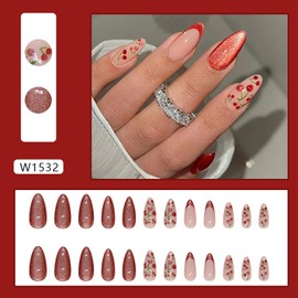 Press on Almond Nails French Glossy Full Cover Acrylic False Nails Almond Medium Length Artificial Fake Nails Almond with Designs Glue on Almond Nails with Charm Stick on Fingernails for Women(W1532)
