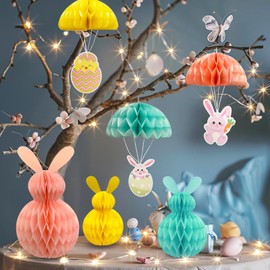 Eambrite 6 PCS Easter Bunny Decorations Honeycomb Paper Ball, Hanging Paper Ornaments with 50 LEDs Fairy Lights, Spring Easter Decorations Set for Home Party (Pink Blue Yellow, 5m)
