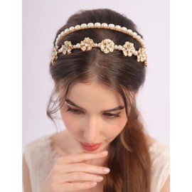 Rumtock 2pcs Pearl Beads Crown Gold Flower Hair Tiara Set for Wedding Brides Women Banquet Dancing Ball Jewelry