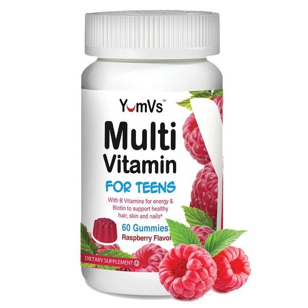 YUM-V'S Multivitamin Gummies for Teens by YumVs | Added Biotin and B Vitamins to Support Healthy Hair Skin and Nails | Daily Dietary Supplement for Teen Health | Natural Raspberry Flavor, 60 Ct