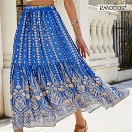 EMOTTOS Women's Maxi Skirt Summer Boho Skirt High Elastic Waist Loose Pleated Hem Long Skirt, A Line Bohemian Vintage Printed Beach Decorative Cord, Maxi Long Flowy Elegant Ruffles, Blue, S-XL, blue