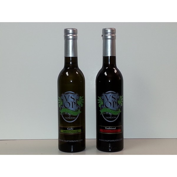 VSOP Organic Garlic Infused Extra Virgin Olive Oil & Traditional 18yr Aged Dark Balsamic Vinegar of Modena (2 Bottle) Combo Pack (375 ml / 12.68 oz)