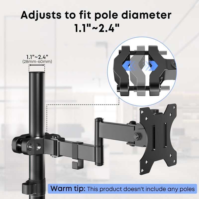 WORLDLIFT Pole Mount Monitor Arm Easy Clamp-on VESA Mount for