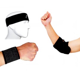 NICKSTON 1 Cotton Sport Stretchable Headband, 1 Elastic Striped Wrist Strap and 1 Elbow Brace Strap (ST3) for Home, Gym, Fitness, Sports, and Weight Lifting
