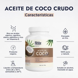 Aceite de Coco Hebbe Cosmetics Extra Virgen Prensado En Frío 500g