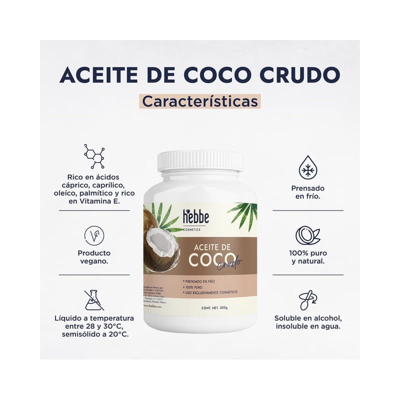 Aceite de Coco Hebbe Cosmetics Extra Virgen Prensado En Frío