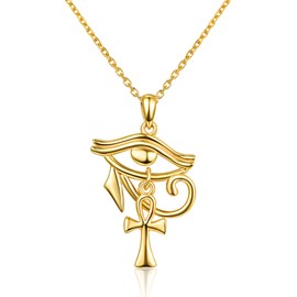 KINGWHYTE Ankh Chain Sterling Silver Egyptian Cross Necklace The Eye of Horus Pendant for Men and Women (White Gold/Gold), Sterling Silver