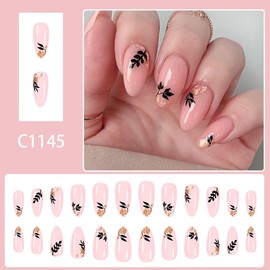 Fall Press on Nails Medium Almond Nude Fake Nails With Design Black Leaf Glue on Nails Press ons Gold Foil Acrylic False Nails Full Cover Reusable Thanksgiving Stick on Nail for Women Manicure 24Pcs
