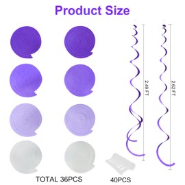 36PCS Purple Hanging Swirls Decorations Felt Ombre Purple White Swirl Streamers Party Spiral Ceiling Decoration Garland for Lilac Lavender Violet Birthday Wedding Baby Shower Graduation Hen Party