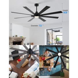 Wellspeed Ceiling Fan with Lights Remote Control, Brushed Nickel Large Ceiling Fan with Reversible Blades Industrial Fan for Living Room Office Covered Patio, DC Silent Motor (black, 72 inch)