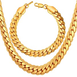 U7 Gold Necklace for Men/Women 18KGP Stamped Hip Hop Kpop Jewelry 9MM Thick Snake Curb Chain Bracelet Necklaces Set for Rapper