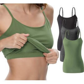 Vislivin Womens Cotton Camisole Adjustable Strap Tank Tops with Shelf Bra Stretch Undershirts 3 Pack Black/Dark Gray/ArmyGreen L