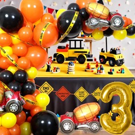 Construction 3rd Birthday Party Supplies Dump Truck Party Decorations Kits Set for Kids Three Years Old Birthday with Different Kinds Balloons Tape and Signs