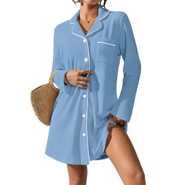Bsubseach Terry Cloth Cover Up - Women Long Sleeve Button Down Bathing Suit Cover Ups Swim Robes with Pockets Blue XL