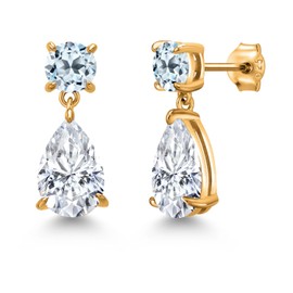 Gem Stone King 8.14 Cttw Pear Shape 12X8MM Moissanite and Round 6MM Blue Topaz Set in 18K Yellow Gold Plated Silver Sky Drop Dangle Earrings for Women