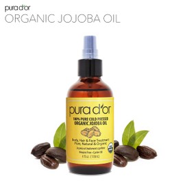 PURA D’OR Organic Jojoba Oil (4oz / 118mL) 100% Pure USDA Certified Premium Grade Natural Moisturizer: Cold Pressed, Unrefined, Hexane-Free Base Carrier Oil for DIY Skin Care, Hair, Face & Nails