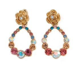 Multicoloured Crystal Oval Hoop with Rose Motif Drop Earrings/Gold Tone/ 32mm L