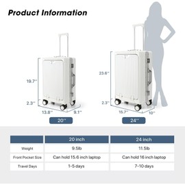 MRPLUM Front Pocket Carry On Luggage,PC Hardside Spinner Wheel Suitcase with TSA Lock,Cup Holder,Phone Holder&USB Charging Port,White(1 Piece)