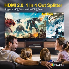 SHERRIVA 4K HDMI Splitter 1 in 4 Out – 4K@60Hz, 1080p@240Hz, Auto Downscaling, HDR, HDCP 2.3, 18Gbps, EDID, Duplicate/Mirror 4K Screens, Compatible with TV, Multiple Monitors