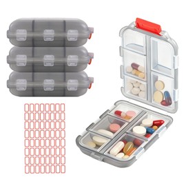Acquwistach 4Pack Travel Pill Organizer with 64 Stickers - 10 Compartments Pill Case, Pill Organizer 2 Times A Day, 20 Days Portable Compartments for Vitamins, Fish Oils, Supplements(Gray)