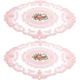 Baluue 2-Pack French Style Crochet Doilies - Silk Lace Placemat Dresser Scarf - Embroidered Flower Placemats - Lace Cup Table Mat - Drink Cup Doilies Coaster - Decorative Dish Mats for, 43x30cm, Pink