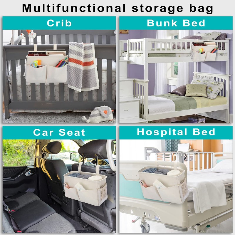 IGNPION Canvas Bedside Hanging Storage Bed Pockets Baskets-Adjustable Hanging Tape