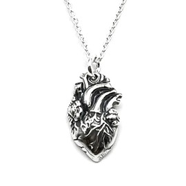 Sterling Silver Small Anatomical Heart Charm Necklace, 18"- Petite 2D Design