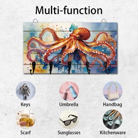 DELORIGIN Octopus Key Holder Wall Mounted Display Wooden Key Racks with 5 Metal Hooks Keys Hanger Storage Organizer for Wall Decorative Door Entryway Hallway Kitchen New Home Gift