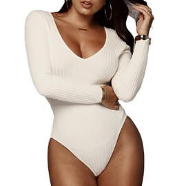 Weigou Women Jumpsuits Deep V Neck Long Sleeve Bodycon Stretch Jumpsuit Leotard Bodysuit Tops (White, S)
