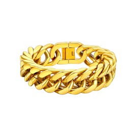 FaithHeart Mens Gold Bracelet, Stainless Steel Miami Cuban Chain Link Bracelets 17mm, 19cm Strong Link Bracelets Fold Over Clasp