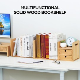 KIRIGEN Wood Adjustable Desk Orangizer Storage Expanable Desktop Bookshelf Fully Assembled Bookcase Adjustable Book Rack with Drawer for Office SSSJ-L-NA